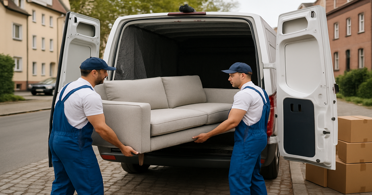 Professionelle Beiladung Nürnberg – Umzugshelfer verladen ein Sofa in einen Transporter