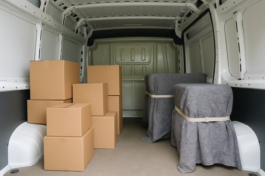 Beiladung Nürnberg – geteilter Laderaum eines Transporters mit Kartons und Möbeln