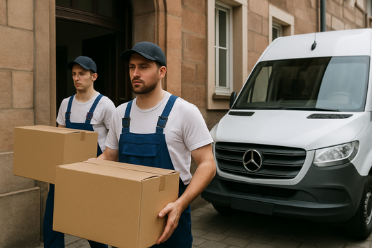 Umzugshelfer tragen Kartons aus einem Nürnberger Wohnhaus zur Beiladung