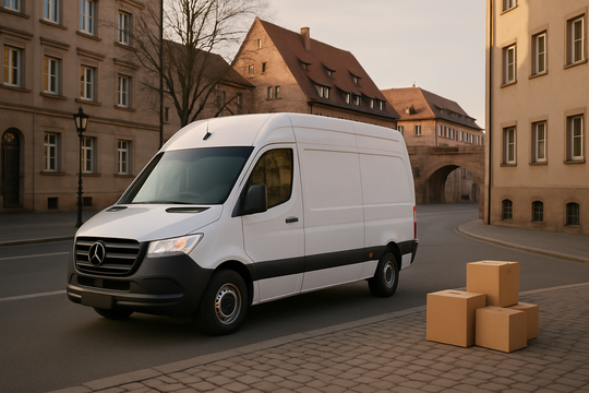 Beiladung Nürnberg – weißer Transporter auf dem Weg zum Zielort